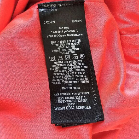 Ted Baker Dress Bright Coral Ruched Calf Length Sheath Ted Size 1 (US 4) - Picture 7 of 15